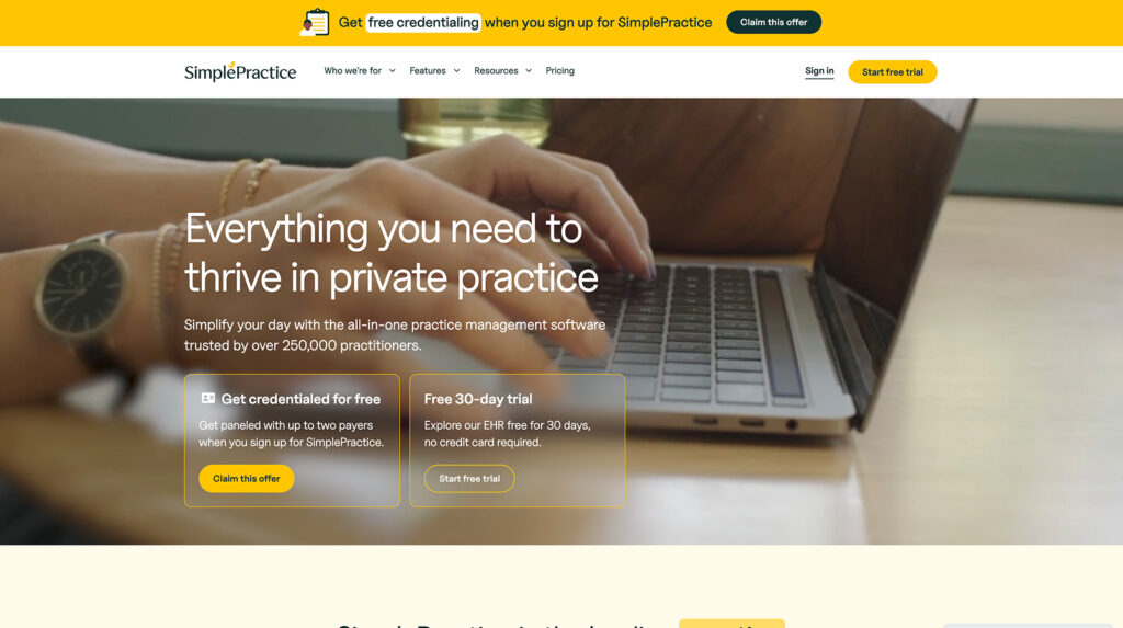 SimplePractice EHR dashboard for mental health practices